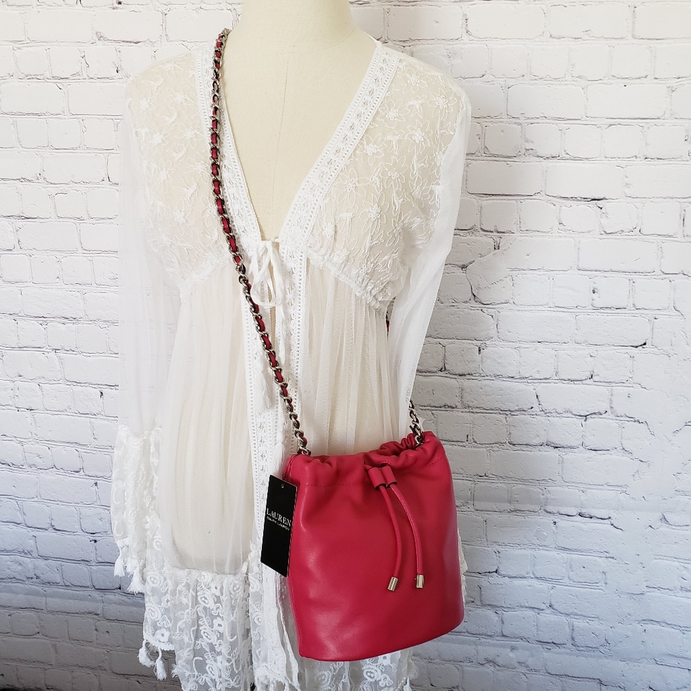 RALPH LAUREN Emmy Medium Nappa Leather Pink Bucket Crossbody - Picture 7 of 16